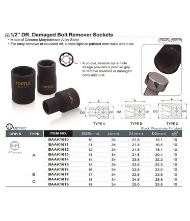 Головка для поврежденных гаек 1/2" 19мм TOPTUL BAAK1619